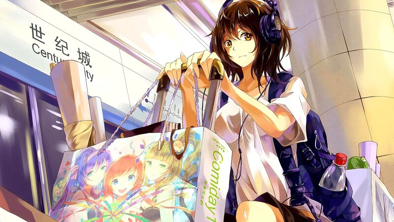 Anime Girl with Luggage — Brown, Calm, Afternoon