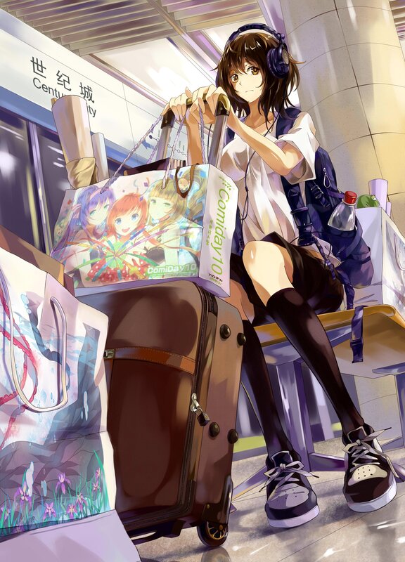 Anime Girl with Luggage — Brown, Calm