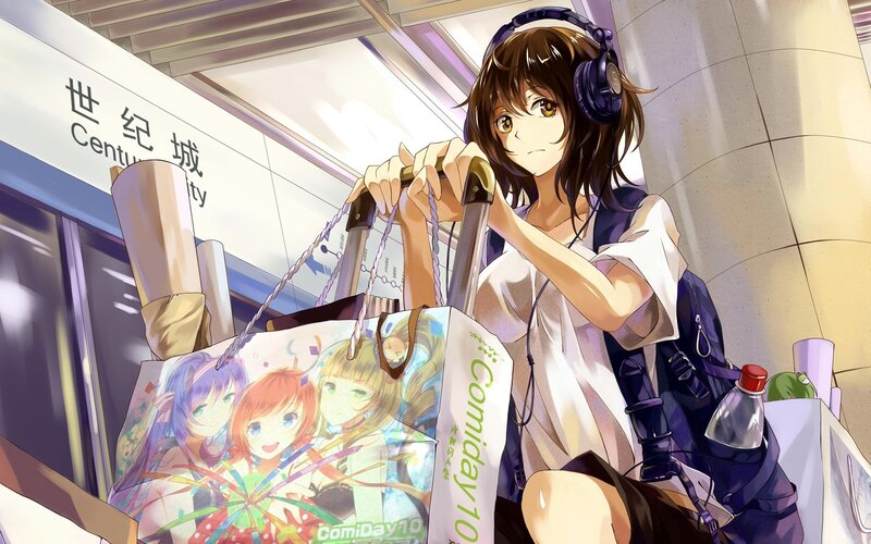 Anime Girl with Luggage — Brown