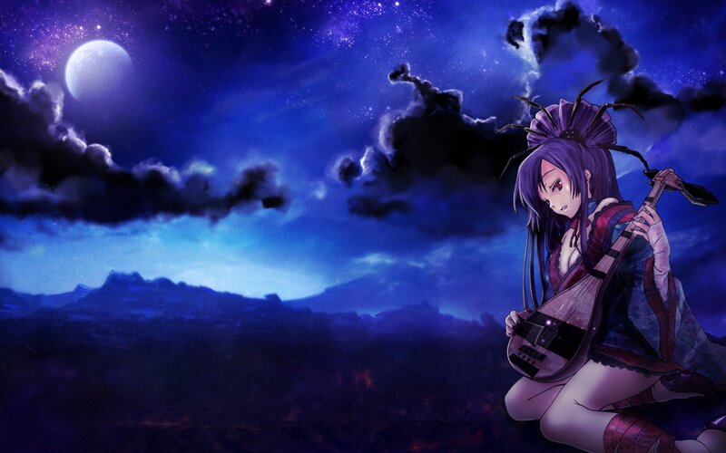 Anime Girl with Lute — Blue, Dramatic