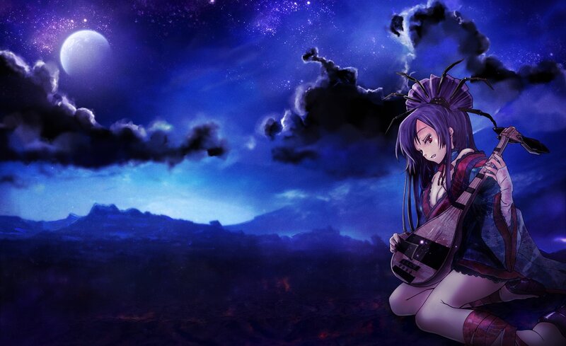 Anime Girl with Lute — Blue