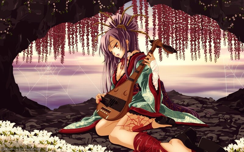 Anime girl with lute in cave