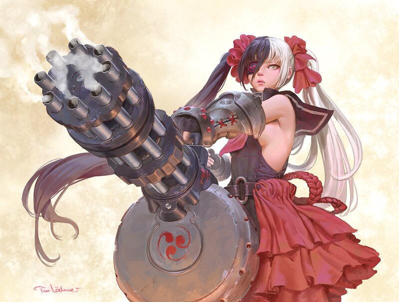 Anime Girl with Machine Gun — Red, Dramatic