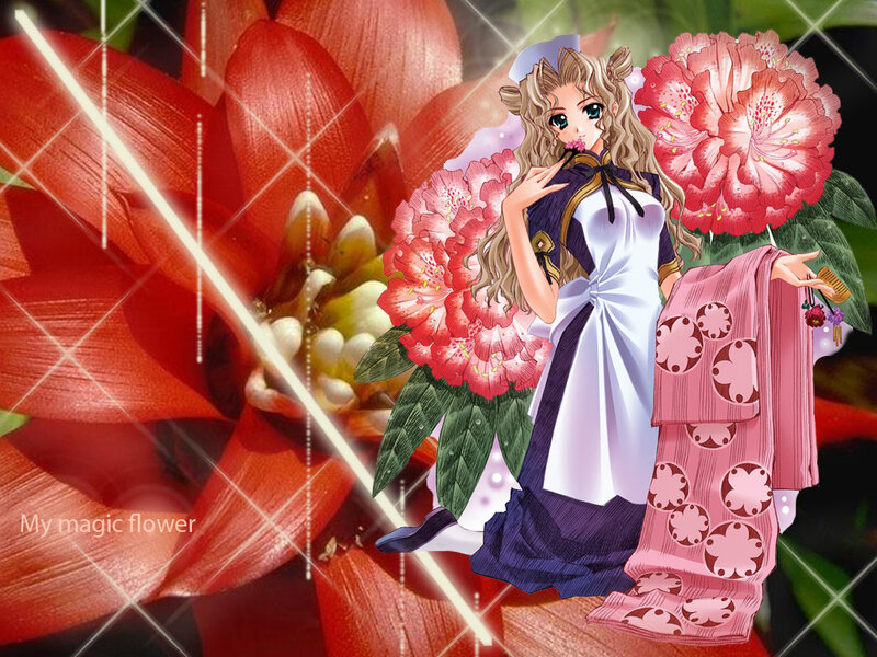 anime girl with magic flowers