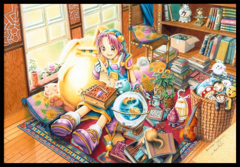 Anime girl with magical creatures
