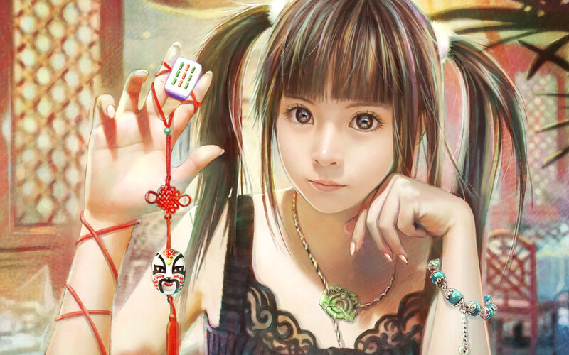 Anime Girl with Mahjong Charm — Brown