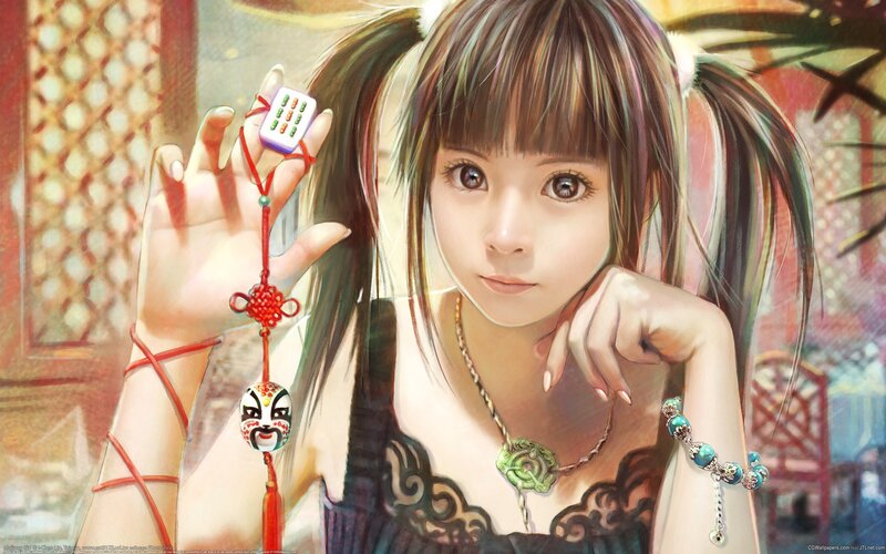 Anime Girl with Mahjong Tile — Brown
