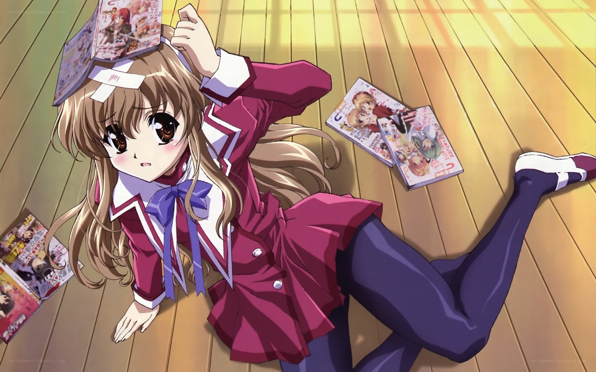 anime girl with manga on floor