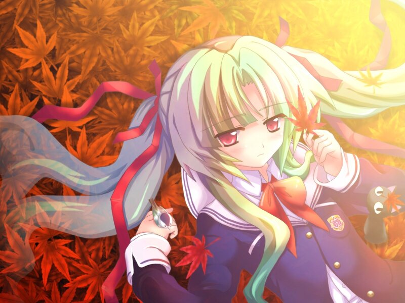 Anime Girl with Maple Leaves — Red