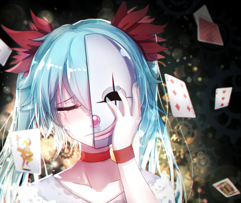 Anime Girl with Mask — Blue, Dramatic, Digital Art, Cards