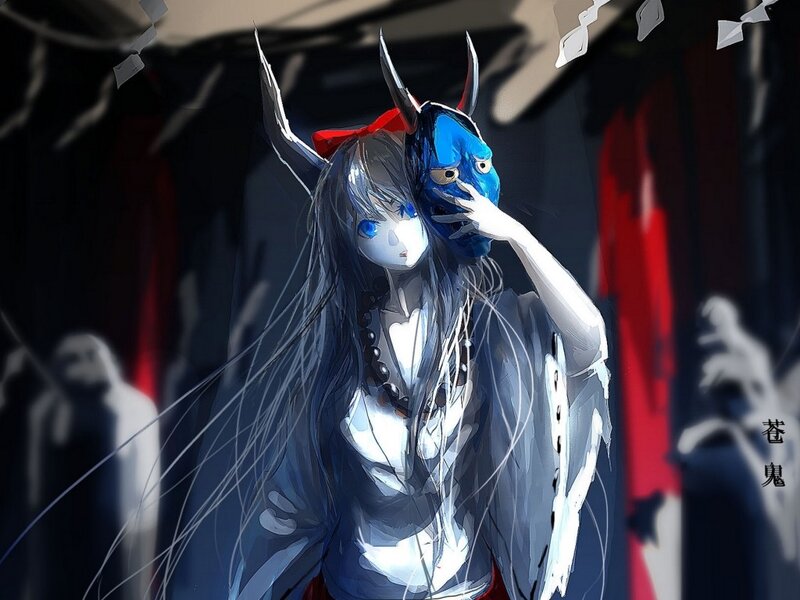 Anime Girl with Mask — Blue, Dramatic, Digital Art