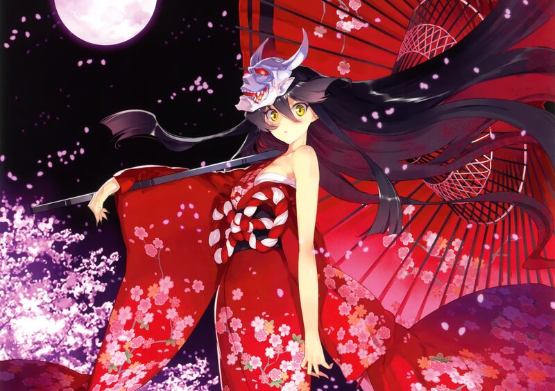 Anime Girl with Mask — Red, Dramatic, Night, Digital Art