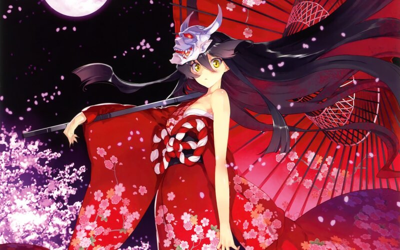 Anime Girl with Mask — Red, Dramatic, Night