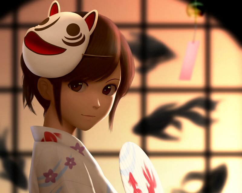 Anime Girl with Mask — White, Calm