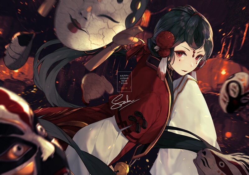 Anime Girl with Masks — Red