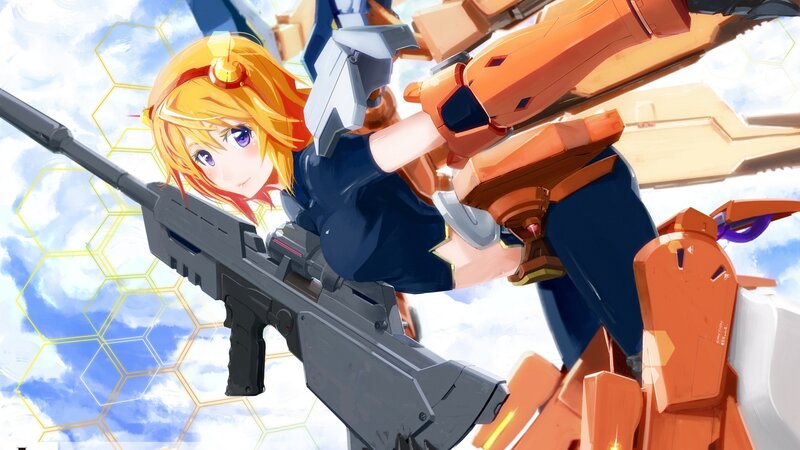 anime girl with mech and rifle