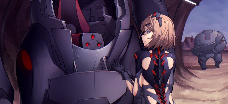 Anime Girl with Mech — Gray, Dramatic, Afternoon