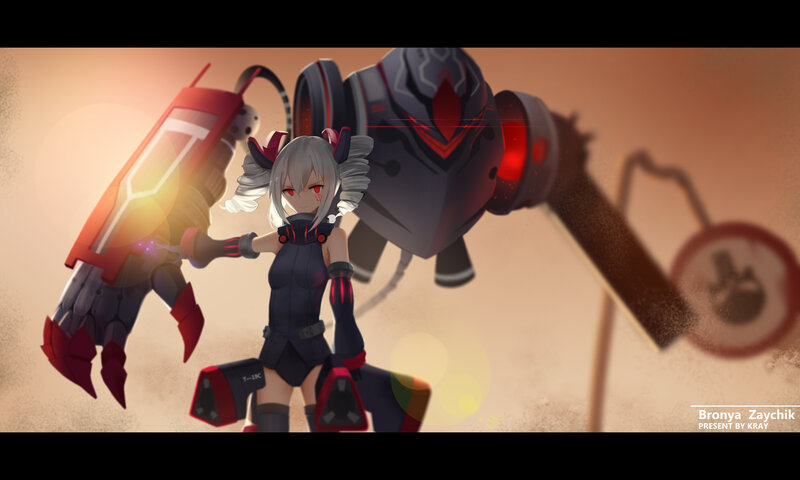 Anime Girl with Mech — Gray, Dramatic, Sunset