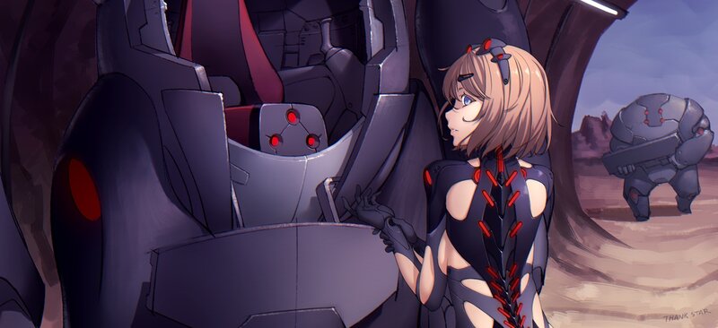 Anime Girl with Mech — Gray, Dramatic