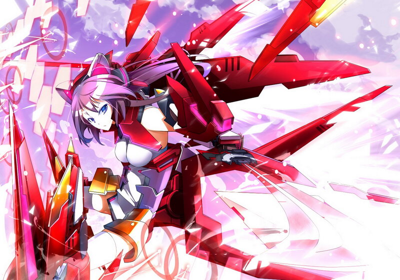 Anime Girl with Mech — Red, Dramatic, Digital Art, Cat Ears
