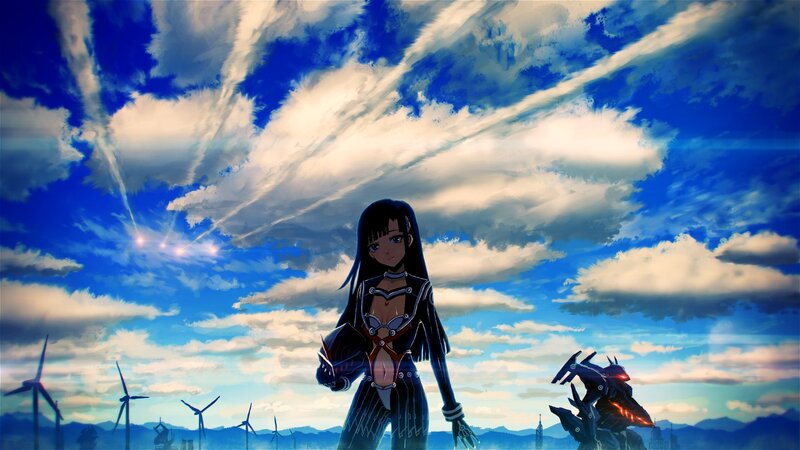 Anime girl with mecha and wind turbines