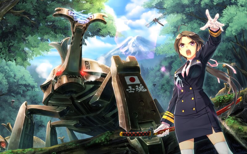 anime girl with mecha in forest