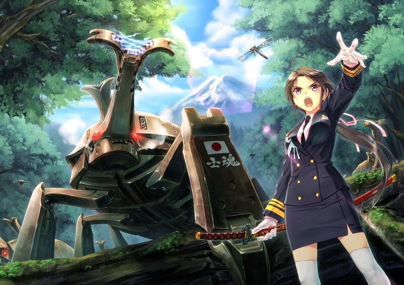 anime girl with mecha in forest
