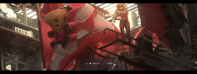 Anime Girl with Mecha — Red, Dramatic, Digital Art, Mech, Factory