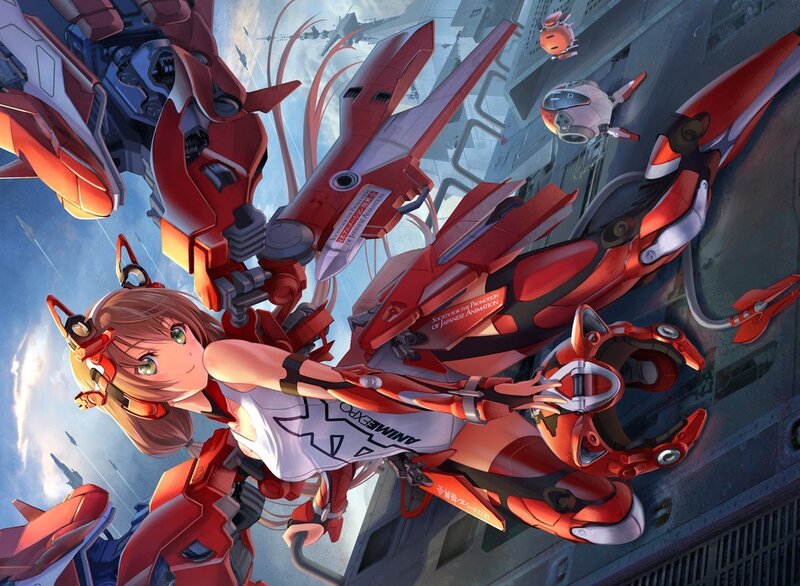 Anime Girl with Mecha — Red, Dramatic, Digital Art, Mech, Robot