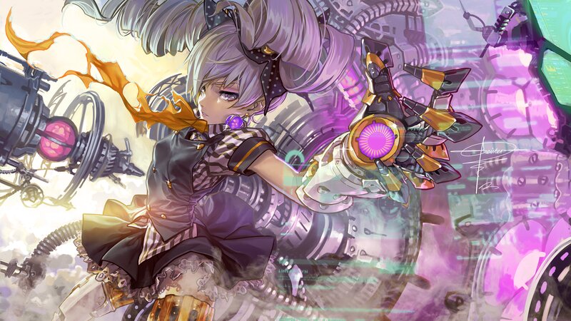 Anime Girl with Mechanical Arm — Purple, Dramatic, Digital Art
