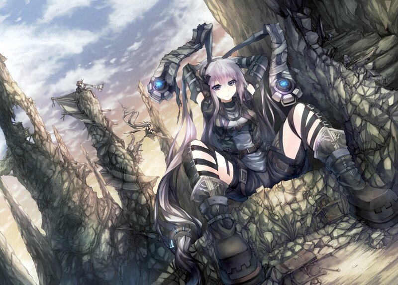 Anime Girl with Mechanical Arms — Gray, Dramatic, Sunset