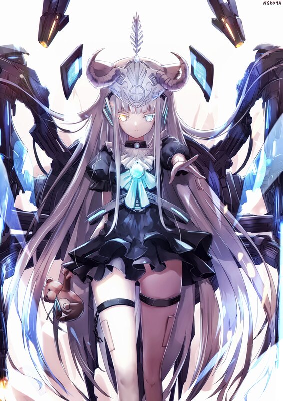 Anime Girl with Mechanical Wings — Black, Dramatic, Digital Art, Long Hair