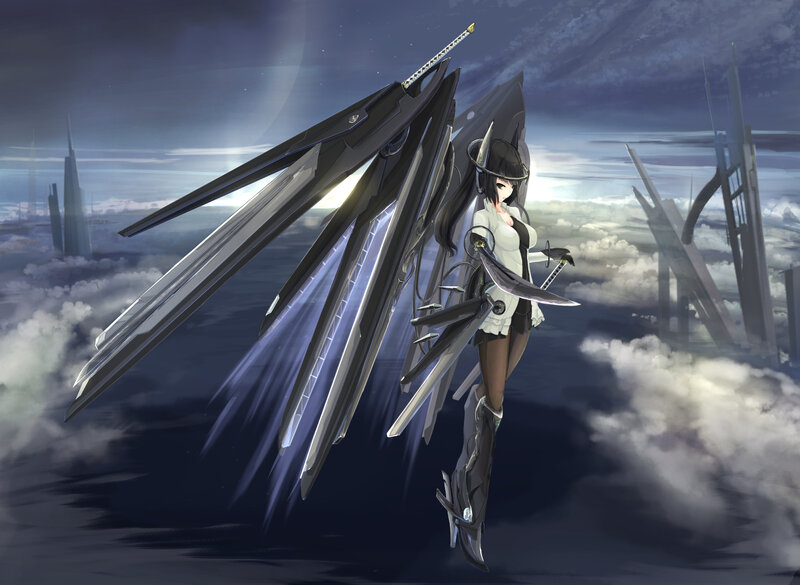 Anime Girl with Mechanical Wings — Black, Dramatic, Night