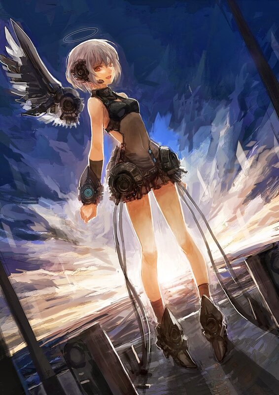 Anime Girl with Mechanical Wings — Blue, Dramatic, Sunset