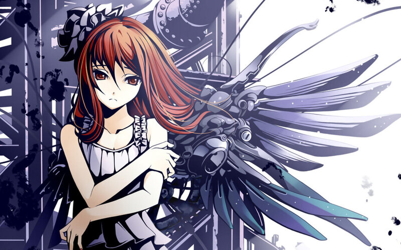 Anime Girl with Mechanical Wings — Red, Dramatic, Manga