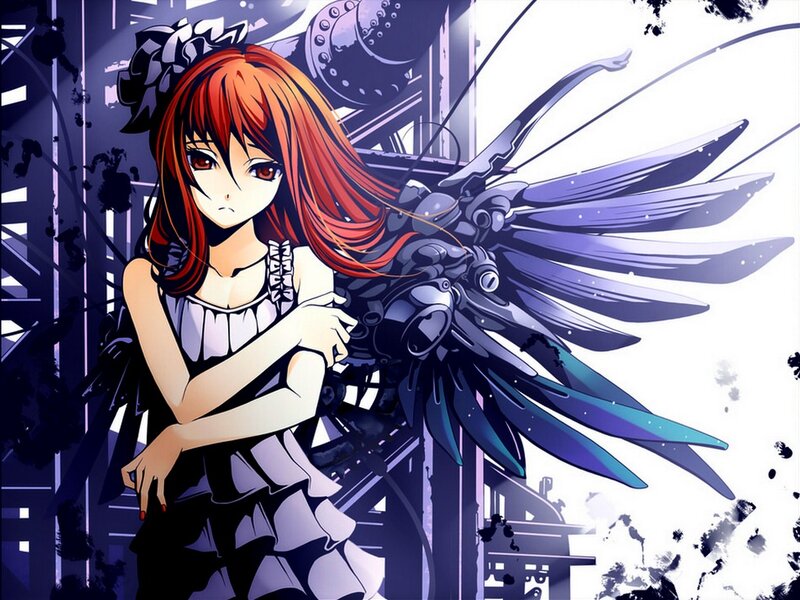 Anime Girl with Mechanical Wings — Red, Dramatic