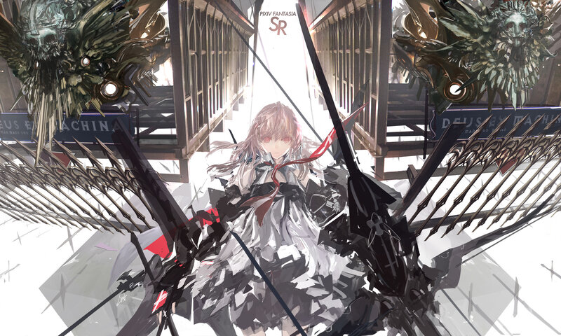 Anime Girl with Mechanical Wings — White, Dramatic, Digital Art
