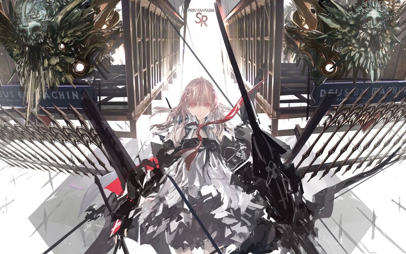 Anime Girl with Mechanical Wings — White, Dramatic