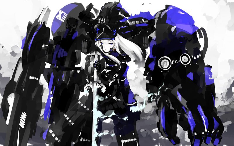 Anime Girl with Mechs — Black, Dramatic, Digital Art