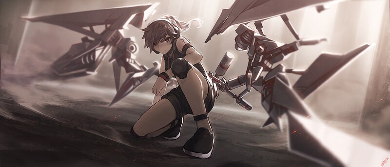 Anime Girl with Mechs — Gray