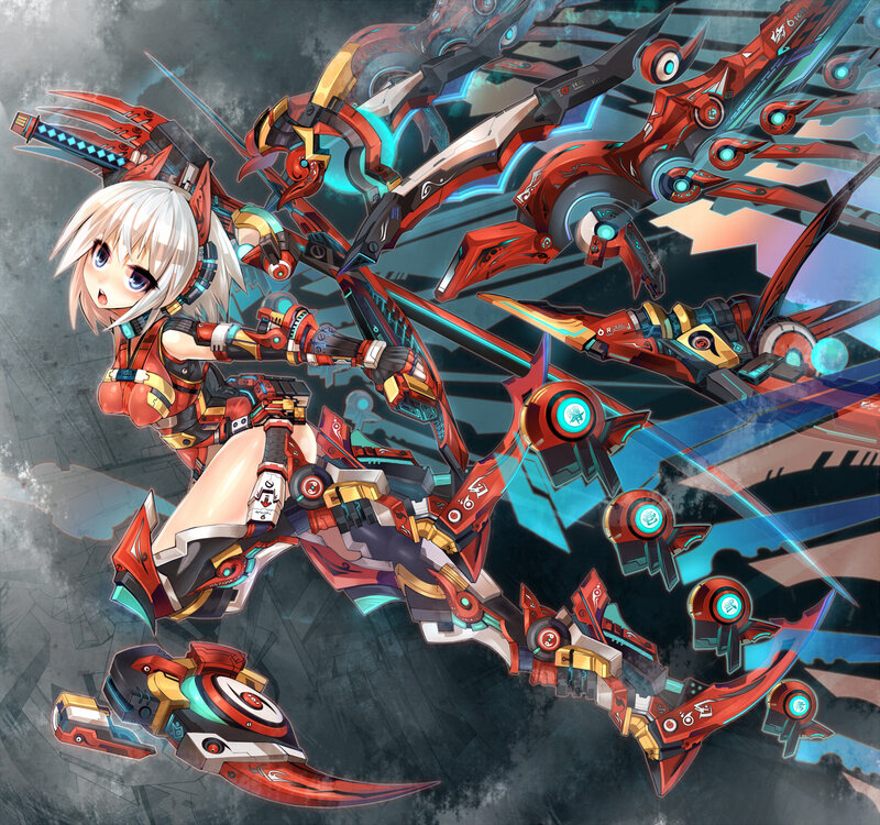 Anime Girl with Mechs — Red, Dramatic, Digital Art