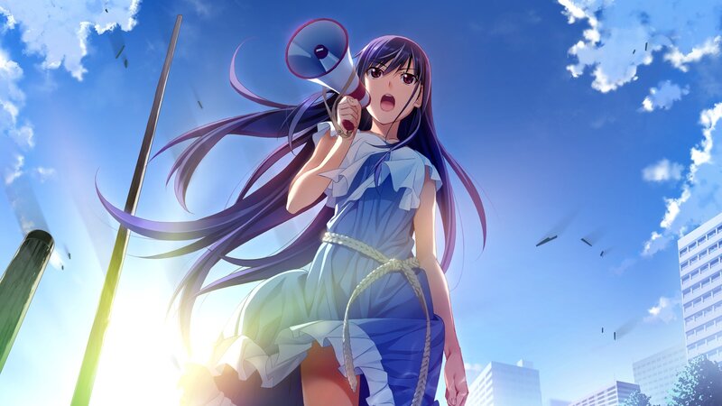 Anime Girl with Megaphone — Blue, Dramatic, Afternoon