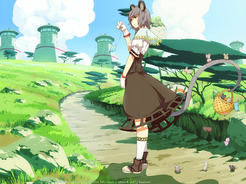 Anime girl with mice in a field