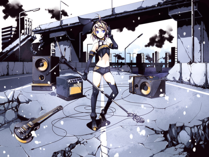 Anime Girl with Microphone — Black, Dramatic, Digital Art