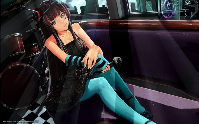 Anime Girl with Microphone — Black, Dramatic, Night, Drum Set