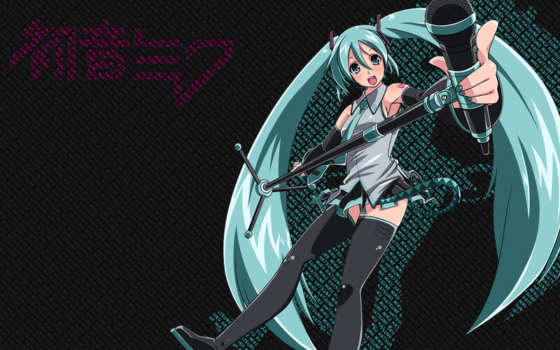 Anime Girl with Microphone — Black, Energetic, Digital Art, Long Hair