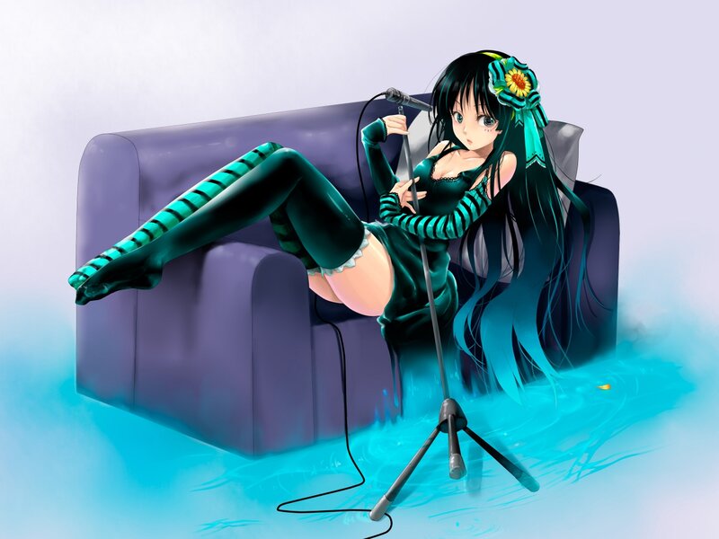 Anime Girl with Microphone — Blue, Dramatic, Digital Art, Couch