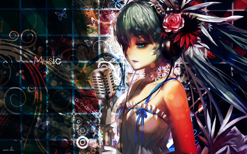 Anime Girl with Microphone — Blue, Dramatic, Digital Art, Headphones