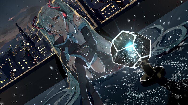 Anime Girl with Microphone — Blue, Dramatic, Night, Digital Art, Cityscape