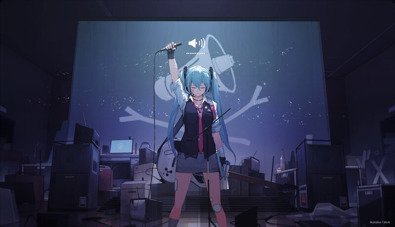 Anime Girl with Microphone — Blue, Dramatic, Night, Digital Art, Guitar
